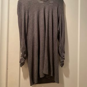 impeccable pig grey long sleeve mini dress. runched sleeves with tie in back